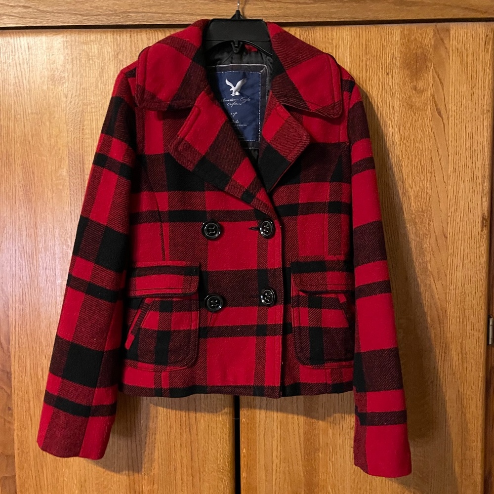 American Eagle Red Plaid Pea Coat Size Small